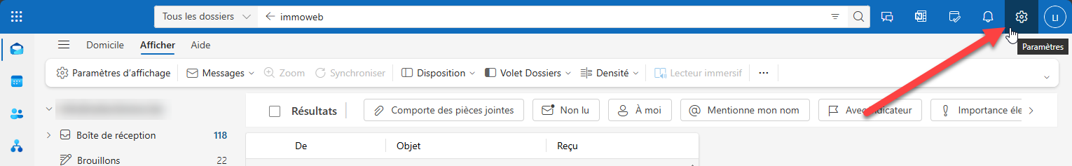 Accès à l&#39;option paramètres de Outlook